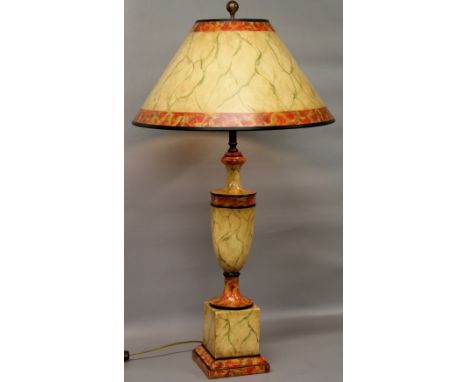 An urn formed table lamp  with painted simulated marble on turned wood with matching shade (94 cm h) collector's electrical i