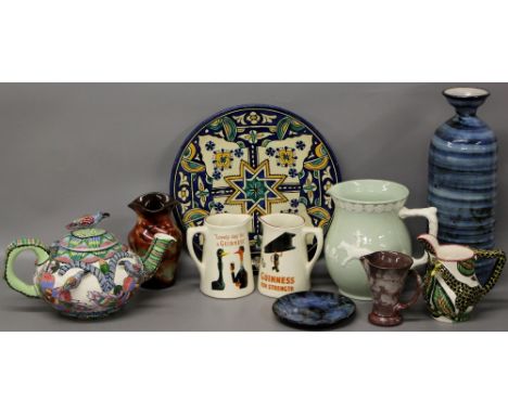 Tin glazed Moresque style decorative plate, together with a Welsh pottery table lamp, a small Welsh pottery dish, Welsh 
pott