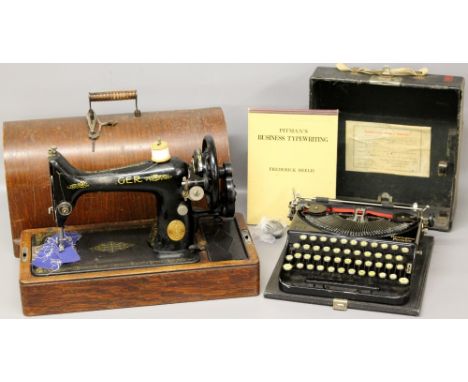 Remington (1920's) Typewriter with Pitmans Manual and 
Typewriter Ribbon,  together with a 1920's Singer Sewing 
Machine in C