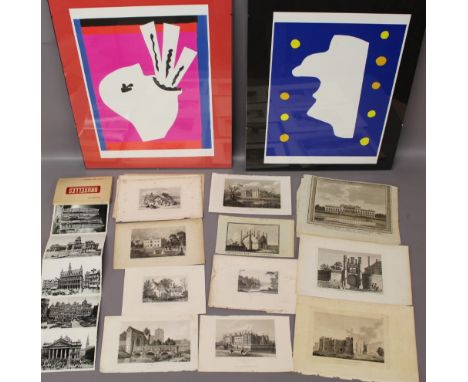 A collection of ephemera, 18th & 19th Century prints, postcards & 2 framed abstract prints by Matisse