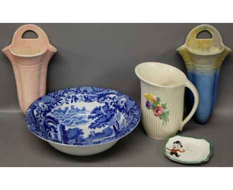 A Charlie Chaplin dish together with a Maling jug (translucent glaze), a pair of ceramic planters a Spode Italian design bowl