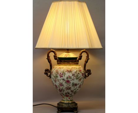 An urn form polychrome vase style lamp with silk shade (collector's electrical item) 70 cm h