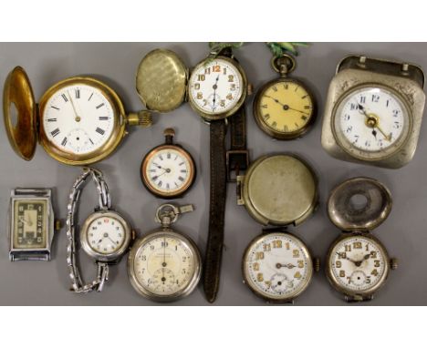 A collection of 19th &amp; early 20th Century watches including silver examples, a pedometer &amp; travelling alarm clock etc