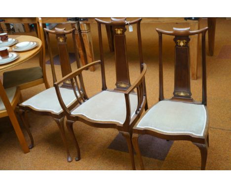 Art nouveau 2 Stand chairs &amp; 1 carver with whip lash design &amp; inlaid mother of pearl 