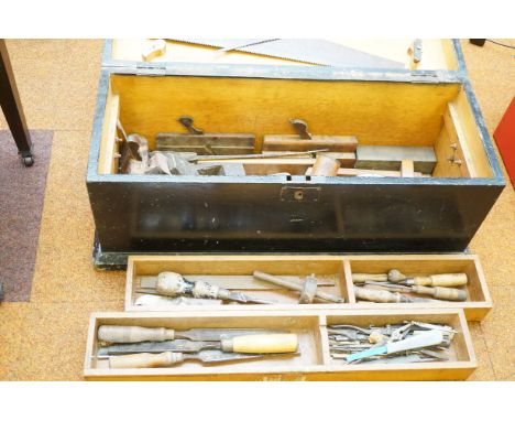 Early carpenters tool box containing vintage tools 