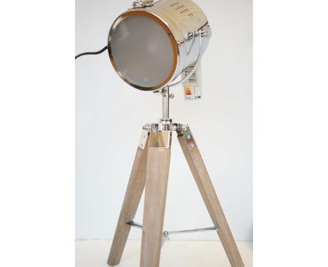 Tripod table lamp new chrome &amp; wooden base 