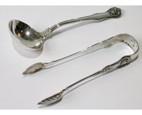 Silver sauce ladle of King's husk pattern, 1844, and a pair of tongs, similar Glasgow 1838. (2)