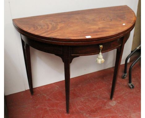 George III demi-lune line-inlaid mahogany card table, on square, tapered legs, 76cm high and 101cm wide.