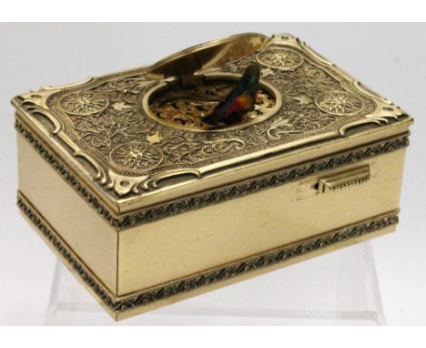 German brass automaton singing bird box with sliding catch and key winding mechanism, 20th century, 10.5cm long. Condition Re