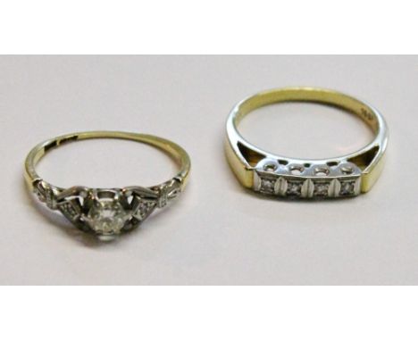 Diamond solitaire ring, '18ct plat', and another, with four mixed-cut brilliants.  (2)