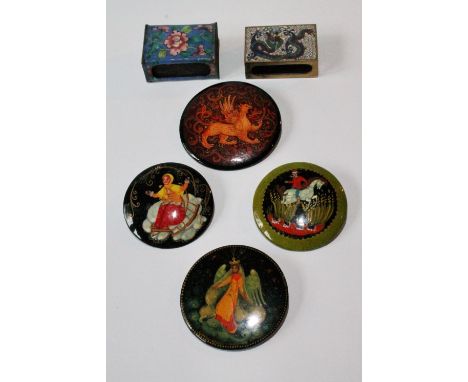 Chinese cloisonné enamel and gilt metal vesta box holder, another, Indian enamel, and four similar lacquer brooches.  (6)