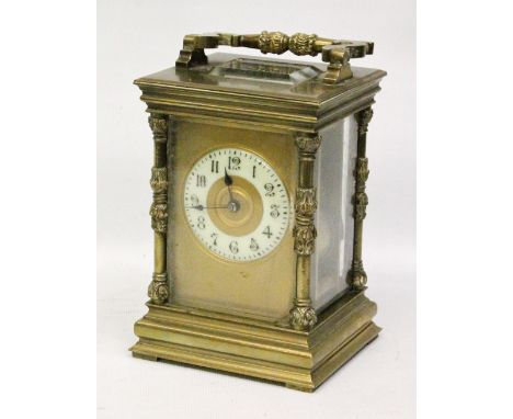 Early 20th century French brass carriage clock, the case with acanthus columns, the movement with compensated lever silvered 
