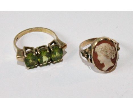 Ring with three peridots in 9ct gold and another cameo.   (2)