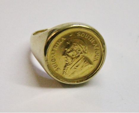 Kruger gold coin in gold signet-style ring mount, '9ct'.