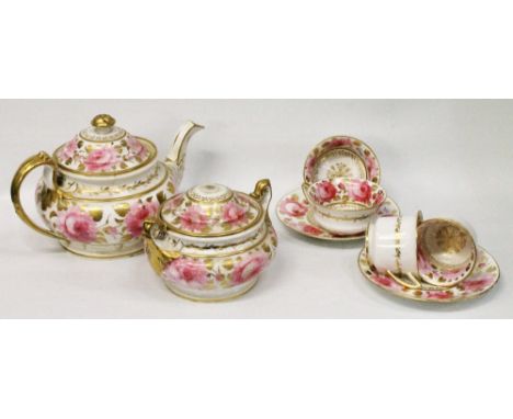 Victorian Davenport gilt floral porcelain forty-five piece tea service of Etruscan pattern form, enamel decorated with bands 