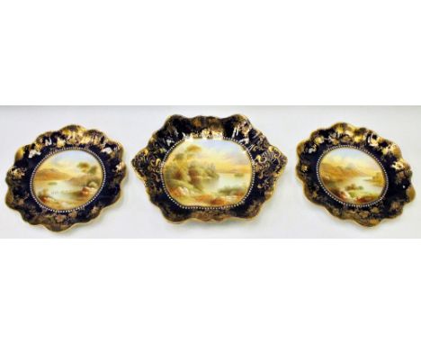 Pair of Aynsley plates and a shaped rectangular bowl decorated with loch scenes: Loch Monteath, Loch Vennacher and Loch Lomon