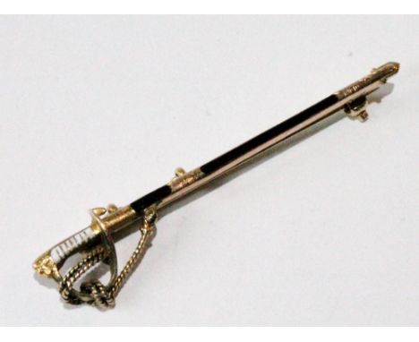 9ct gold and enamel tie pin modelled as a dress sword. Condition Report Very good condition.  Minor scratches etc., on enamel