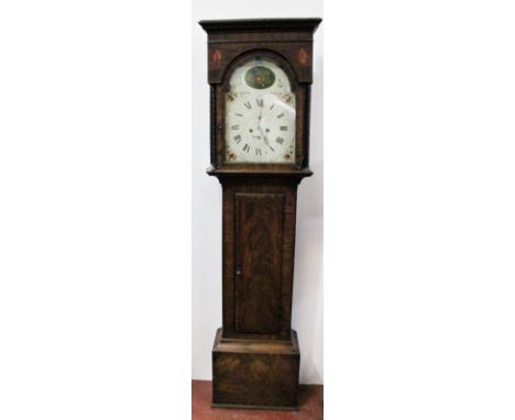 George III mahogany longcase clock maker James Ross of Glasgow with arched strawberry painted dial with seconds and date, the