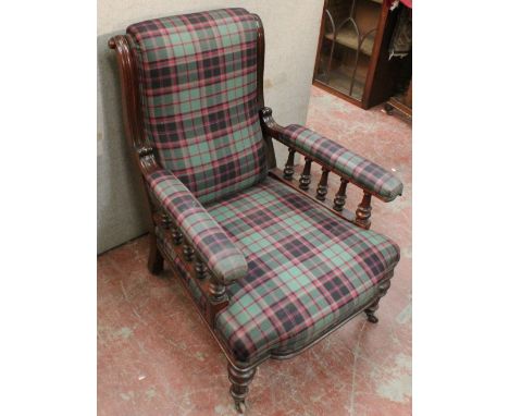 Victorian mahogany armchair with tartan upholstery, on turned legs, 94cm high.