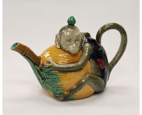 Minton style majolica monkey teapot, 15.5cm high. Condition Report The lid has a 1cm chip to the back of the head.  The lid h