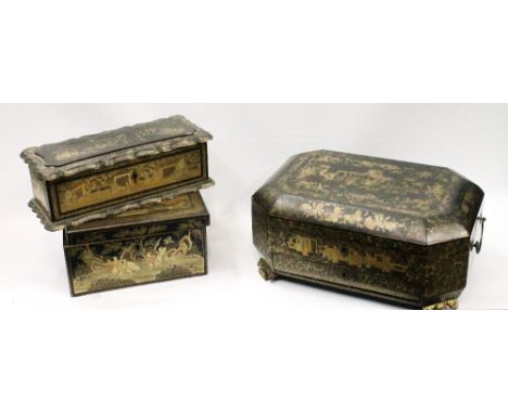 Oriental lacquered tea caddy with twin compartment and two other similar boxes.
