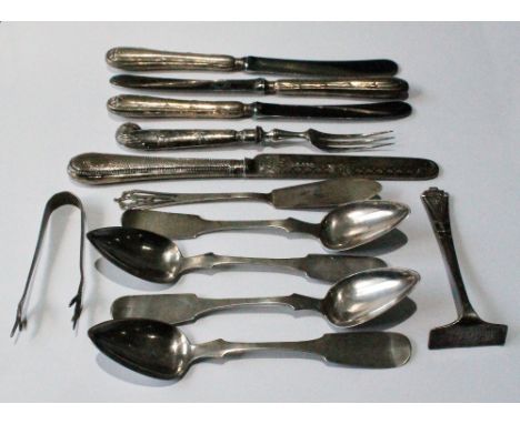 Collection of silver items including a child's pusher, three silver-handled tea knives, a fruit knife, a fork, a butter knife