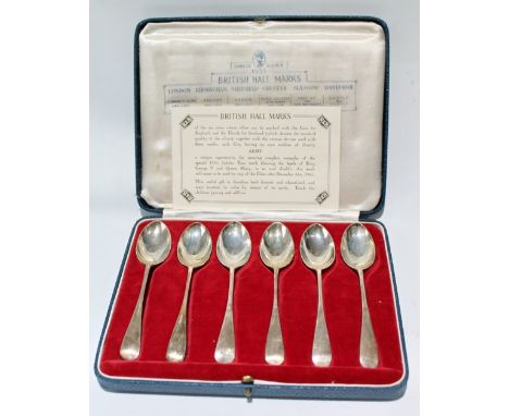 Set of six silver teaspoons, British Hall Marks, 1935 Jubilee, with leaflet, cased.