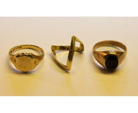 9ct gold signet ring and another two.   (3)