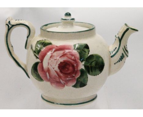 Wemyss teapot with cabbage roses and line borders, impressed and painted marks, blue oval stamp for T. Goode &amp; Co., 11cm 