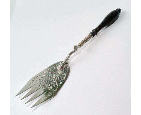 Unusual silver serving fork with pierced scrolls and four prongs, a cast dolphin, spirally fluted ferrule and ebony handle, b