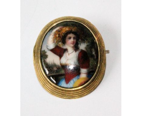 Swiss enamel brooch with the portrait of a young woman in landscape, in finely corded gold mount, c. 1850.
