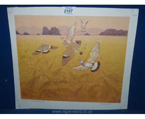 A limited edition Print by Gwendoline Louise Webb, no. 8/10 of Pigeons in a Barley field.