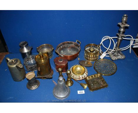 A quantity of miscellaneous metals including a white metal converted electric candlestick lamp base, miniature brass candlest