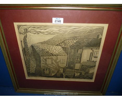 A framed Woodcut Print depicting houses with rolling hills in background 19'' x 17 1/2''