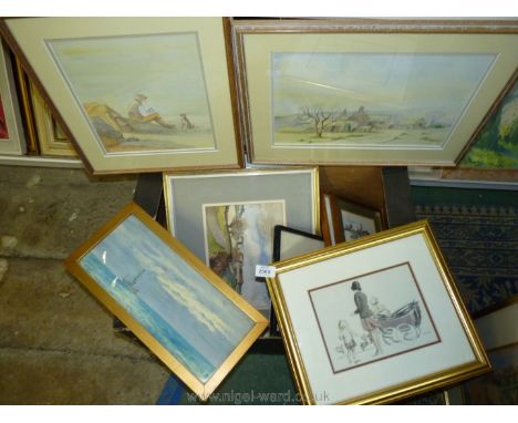 A quantity of Watercolours including Shobdon Barn by Belinda Harvey 1996, figures walking in a lane with umbrellas by Margare