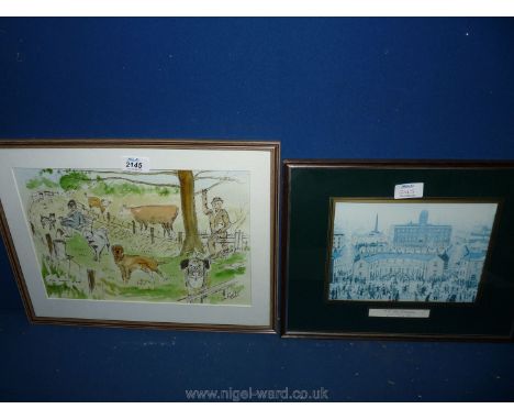 A framed Ink wash entitled "The Doggy Walk", signed lower right Don Rossiter 2006 and a framed Lowry Print of VE day celebrat