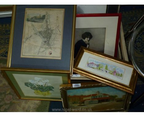 A quantity of pictures to include an Oil on canvas of Bromley Market House, framed Map of Worcester, a Margaret Barrett horse