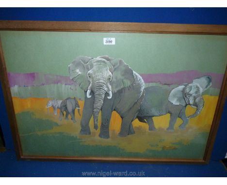 A wooden framed painting of elephant round watering hole, signed lower right P. Wilkinson '68, 33" x 22 1/2".