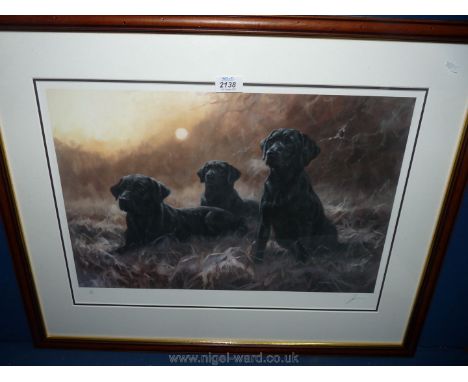 A framed limited edition Print by John Trickett, entitled 'Triple Time'  no. 68/395 depicting black labradors, signed in penc