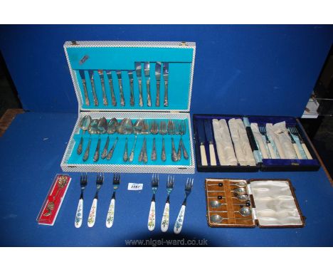 A part canteen of cutlery silver plated, Sheffield England, two knives missing together with boxed coffee bean spoons, six ce