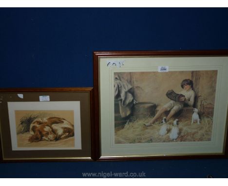 Two framed Prints - one of Sleeping dog, the other of boy playing squeeze box 