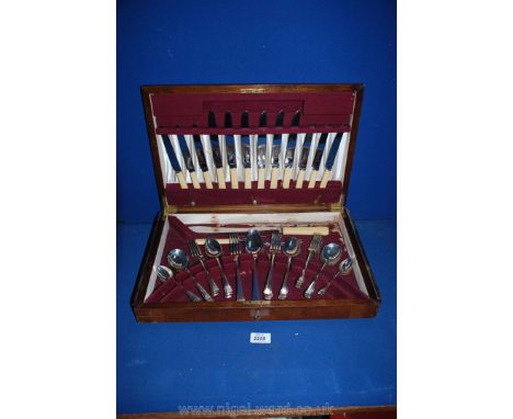 A wooden cased canteen of plated cutlery, six place and including a carving knife and fork, box lining a/f.