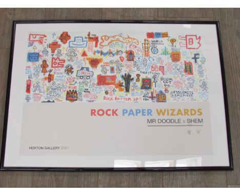 A Mr Doodle and Shem, framed limited edition art poster "Rock paper wizards" signed in the print and individually numbered fr