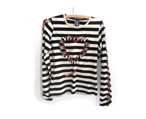 A vintage Jean-Paul Gaultier women's striped long sleeve T-shirt with classic heart and anchor detail 