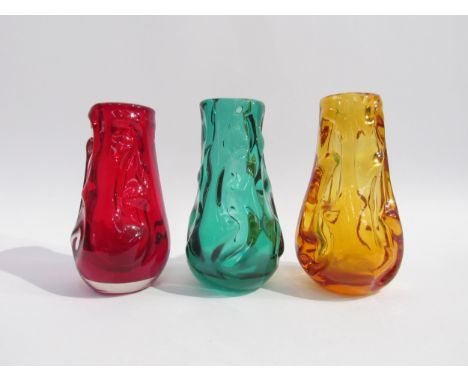 Three Whitefriars Knobbly range vases designed by William Wilson &amp; Harry Dyer, No.9844 in Gold, Ruby and Green. Tallest 1