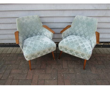 A pair of Danish 1940's armchairs with original pale blue upholstery, light Beech arm rests. Each measures  62cm x  65cm x  7