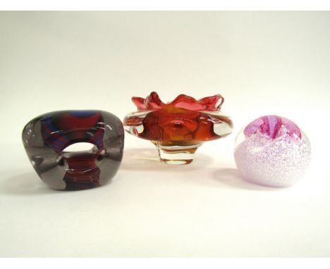 A Karlin Rushbrooke contemporary art glass paperweight of abstract form, signed to base, 8cm high, a Caithness signed paperwe