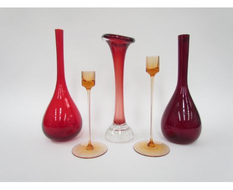 Two Wedgwood Topaz glass candlesticks from the Sheringham range, two Arthur Percy designed Gullaskruf Scandinavian glass vase
