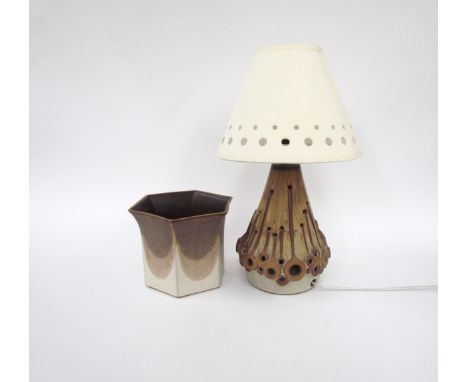 A ceramic table Lamp by "Shelf" pottery with double bulbs and a "Shelf" plant pot, tallest overall 36cm (2) 