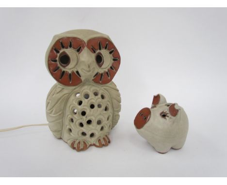 An owl ceramic table light and similar pig money box by "Shelf" pottery, tallest 23cm 